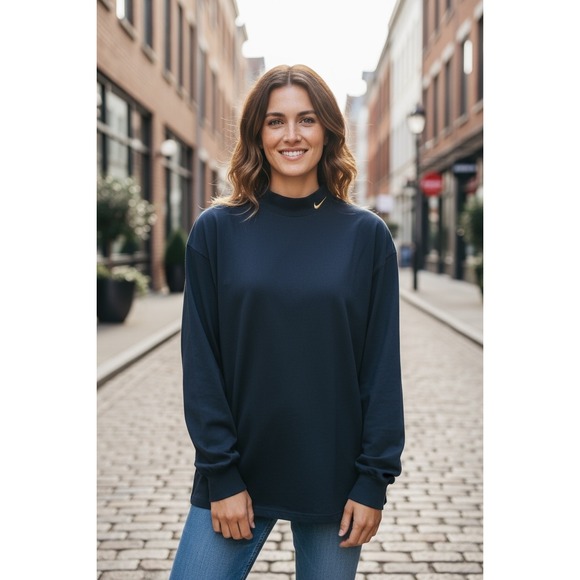 Nike Tops - Nike Long Sleeve Mock Neck Top Navy Blue Gold Logo Womens Size Large‎